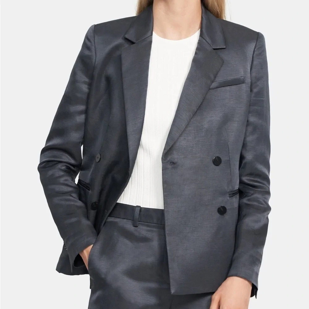 Theory Double-Breasted Shiny‎ Linen Blazer